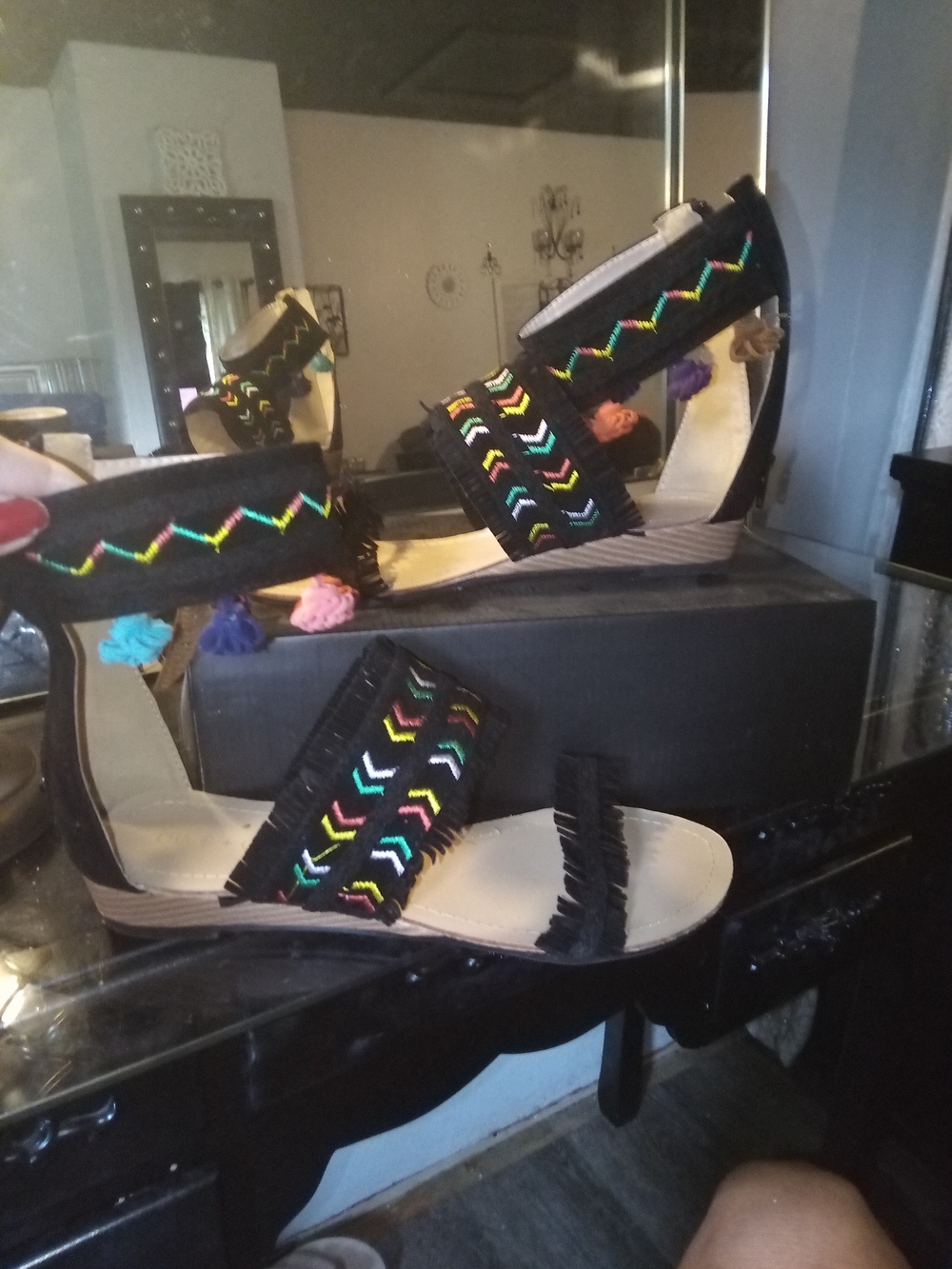 Chase + Chloe Black Wedge Sandals with Multicolor Embroidery and Tassels